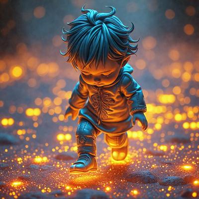The primary subject of the image is a small, blue, glowing baby figure, possibly a toy or a sculpture, walking on a rocky surface. The setting appears to be a dark, possibly nighttime, environment with a few scattered lights. The visual style of the image is a combination of digital art and illustration, creating a unique and captivating scene. The colors and mood of the image are predominantly dark and mysterious, with the blue glow of the baby figure standing out against the rocky surface and the surrounding darkness.